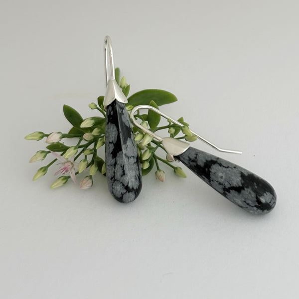 Snowflake Obsidian drop tulip earrings